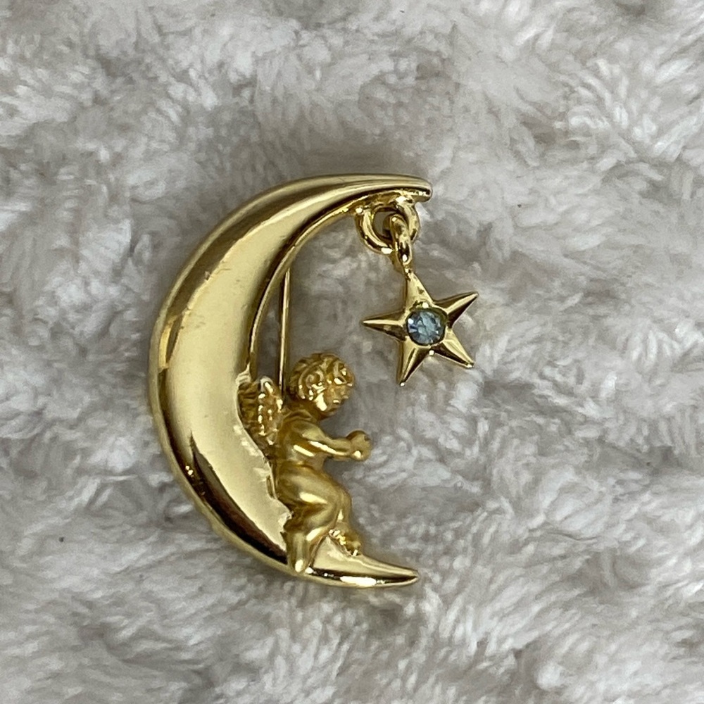 Vintage signed L Razza moon star angel brooch pin